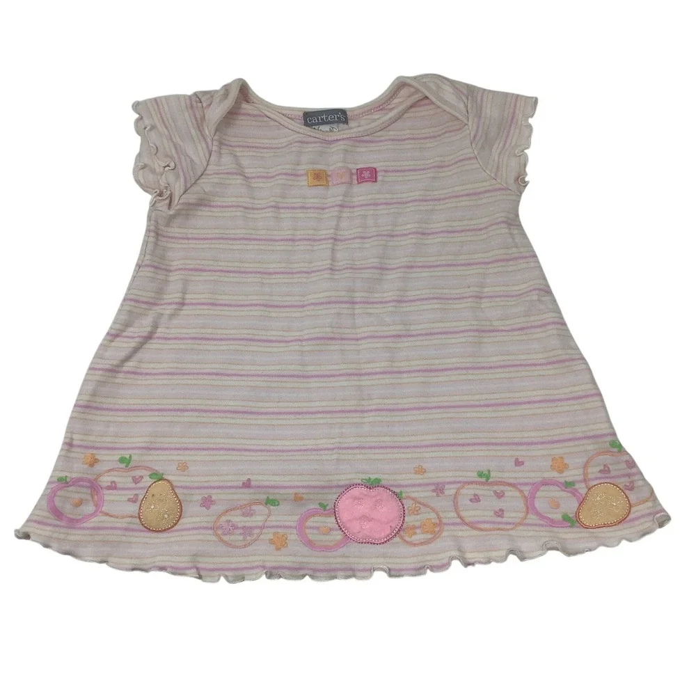 Carter's Baby Girl Dress 12M Pink Striped Cotton Cap Sleeve Ruffle‎ Hem